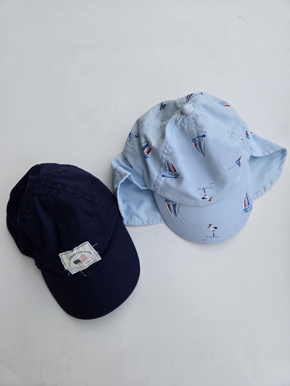Boys Hats Set of 2 Summer Caps Navy & Light Blue Sailboat Print Swim Cap 12-24m